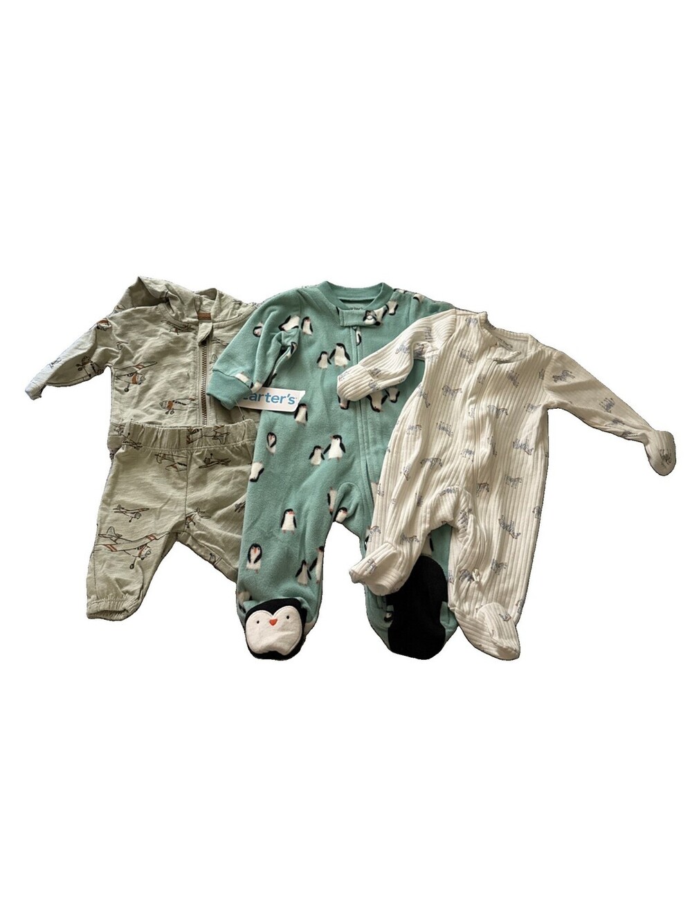Baby Boys Girls Carter's Set Of 3 Teal Penguin, Airplanes, Zebra Sz NB to 3 Mo.